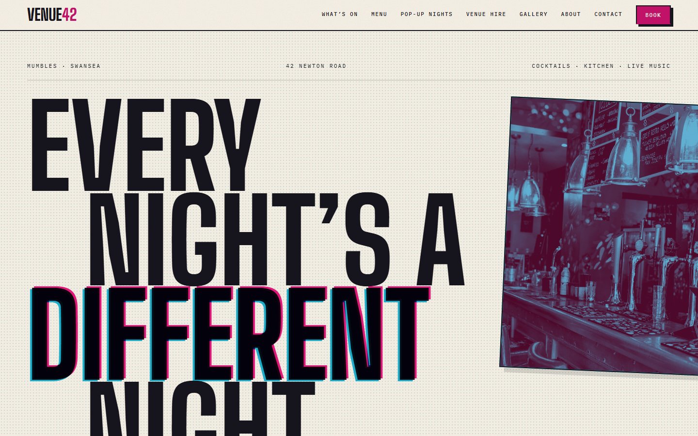 Venue 42 website homepage for a bar and live music venue in Mumbles